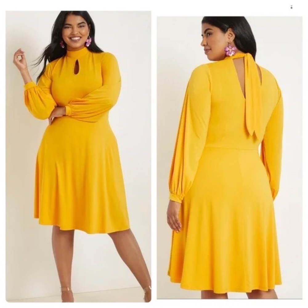 Eloquii Keyhole Fit Flare Yellow Midi Dress with Neck Tie Size 18